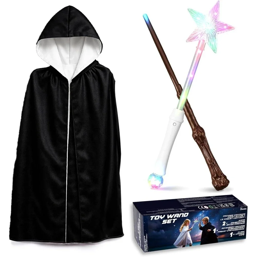 Wizard Fairy Toy Wand Set Reversible‎ Black White Cloak Light Sound Effects 3Pcs